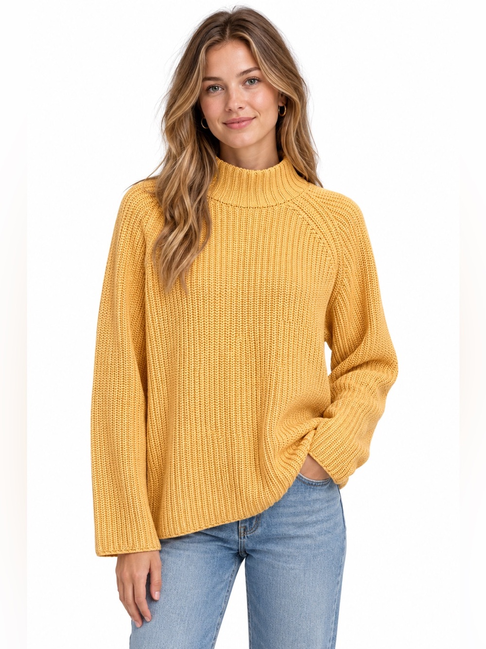 Butter Yellow Mock Neck Knit Cotton Sweater Size Large